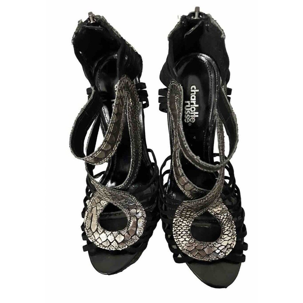 Charlotte Russe Black with Sliver Metallic Caged Platform Heels with Zippers S7